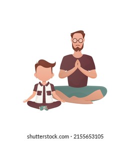 A man with a cute baby is sitting in a lotus position. Isolated. Cartoon style. Vector illustration