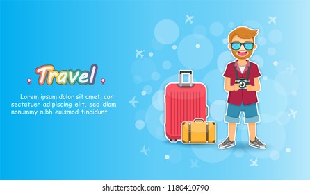 man cute cartoon traveler with luggage on bokeh Background Camera photography and photo picture travel around the world concept blank space for text and content paper art, vector, banner, Card, Poster