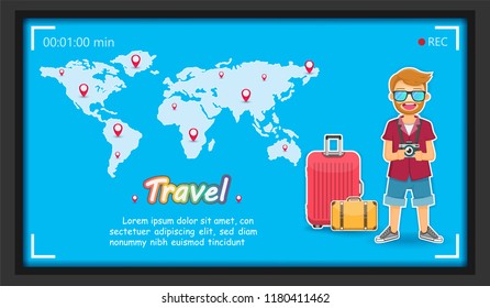 man cute cartoon traveler with luggage on Background Camera photography and photo picture travel around the world concept blank space for text and content paper art, vector, banner, Card, Poster