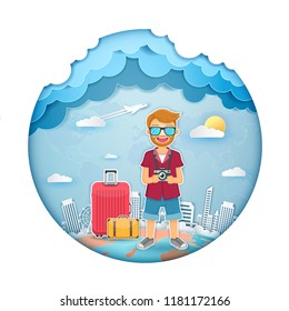 man cute cartoon traveler with luggage on Background Camera photography and photo picture travel around the world concept blank space for text and content paper art, vector, banner, Card, Poster,