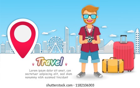 man cute cartoon traveler with luggage on Background Camera photography and photo picture travel around the world concept blank space for text and content paper art, vector, banner, Card, Poster,
