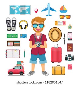 man cute cartoon traveler with luggage. isolate on white Background. set of asset traveling and tourism icons. Travel symbols, objects accessories around the world concept. paper art, vector, banner, 