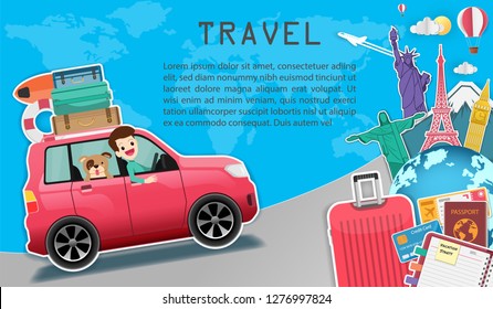 man cute cartoon traveler with luggage. set of asset traveling and tourism icons. Travel symbols, objects accessories around the world concept. Top world famous landmark. paper art, vector, banner, 