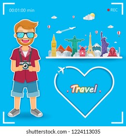 man cute cartoon traveler on blue Background Camera photography and photo picture travel around the world concept. airplane and heart Top world famous landmark. paper art, vector, banner, Card, Poster