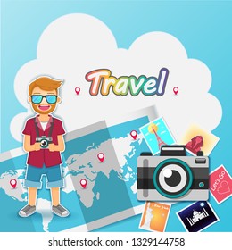 man cute cartoon traveler on blue bokeh Background Camera photography and photo picture travel around the world concept blank space for text and content paper art, vector, banner, Card, Poster,