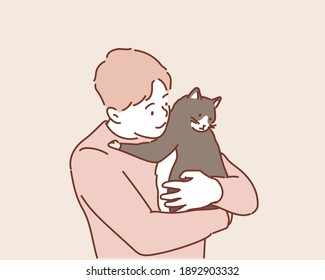 Man with cute cat. Hand drawn style vector design illustrations.