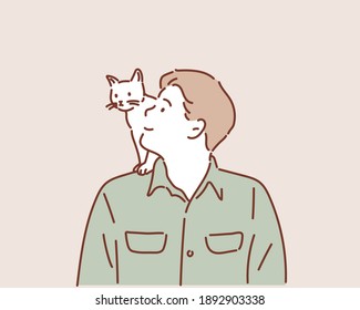 Man with cute cat. Hand drawn style vector design illustrations.