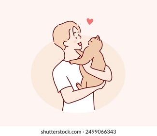  man with cute cat. Hand drawn style vector design illustrations.