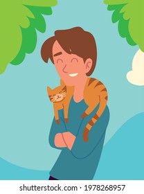 man with cute cat on shoulders