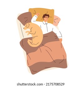 Hombre y lindo perro durmiendo juntos en la cama. Una persona somnolienta durmiendo, acostada con un animal canino. Dueño de duchas soñando bajo manta, relajándose con mascota. Ilustración vectorial plana aislada en fondo blanco