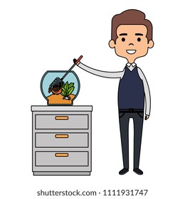 man with cute fish in aquarium