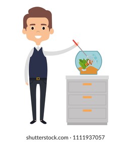 man with cute fish in aquarium