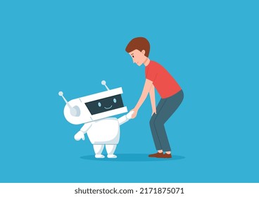 Man and cute friendly robot shaking hands, flat cartoon vector illustration isolated on blue background. Artificial intelligence serves and helps a person.
