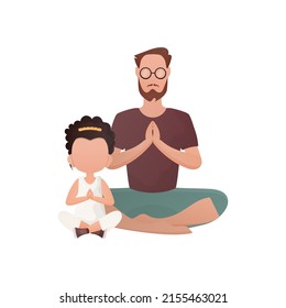 A man with a cute little girl are sitting and doing yoga. Isolated. Cartoon style. Vector illustration