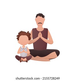 A man with a cute little girl are sitting doing yoga in the lotus position. Isolated. Cartoon style. Vector illustration