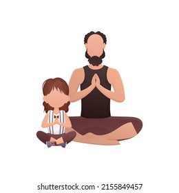 A man with a cute little girl are sitting meditating in the lotus position. Isolated. Cartoon style. Vector illustration