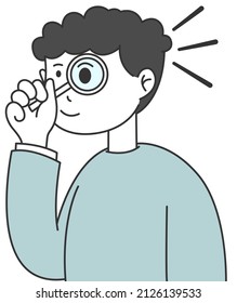 man cute looking through a magnifying glass, simple illustration
