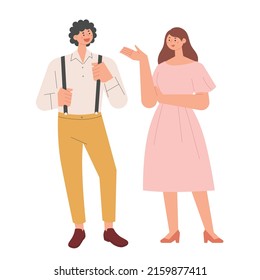 A man in cute suspenders and a woman in an elegant one-piece dress. flat design style vector illustration.