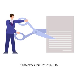Man cuts a document with scissors. Tax deduction. Vector simple color flat illustration.