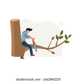 a man cuts down a tree on a tree trunk vector flat illustrations