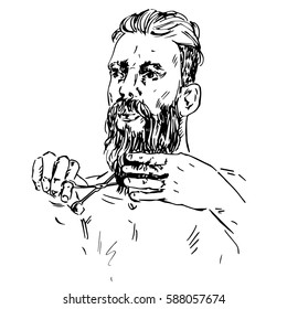 Man cuts his beard with scissors, hand drawn doodle, sketch in pop art style, vector illustration
