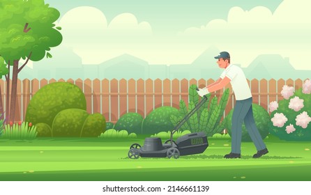 Un hombre corta el césped con una cortadora de césped en el jardín. Jardín. Ilustración vectorial en estilo plano