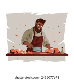 Man cuts meat. Cartoon butcher chef with knife mincing pork beef steak, professional cook preparing fresh meat for cooking. Vector flat illustration