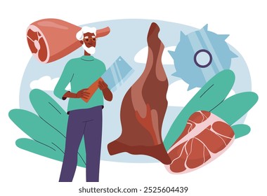 El hombre corta carne. Joven con cuchillo corta carne. Carne de cerdo, pollo o carne de res. Productos naturales y orgánicos. Carnicero con filete. Ilustración vectorial plana aislada sobre fondo blanco