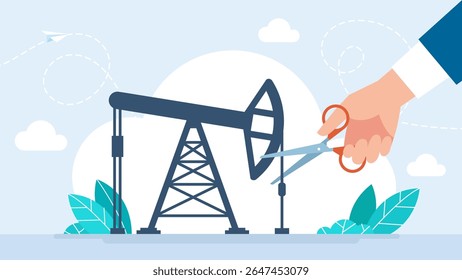 Um homem corta uma plataforma de petróleo com uma tesoura. Proibir a produção de petróleo. O poço de petróleo é abandonado, eliminado, proibido, proibido e parado. Protesto contra extração de petróleo e gasolina. Ilustração vetorial