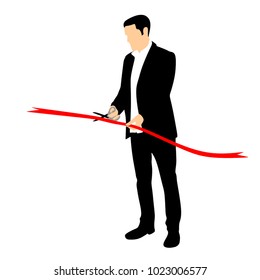 A man cuts red ribbon, a ceremonial opening, a silhouette on a white background