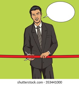 Man cuts red ribbon pop art style vector illustration. Comic book style imitation. Successful businessman with red ribbon