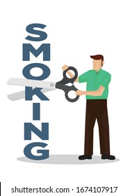 Man cuts smoking font with a scissors. Concept of quit smoking or tobacco addiction. Vector illustration.