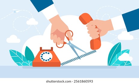 A man cuts the telephone cord with scissors. Broken connection on the phone. No signal. No or weak, error of connection with telecommunication antenna, wifi router. Vector illustration