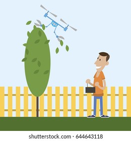 the man cuts the tree. uses for this drone. modern technology. vector illustration in flat design style.