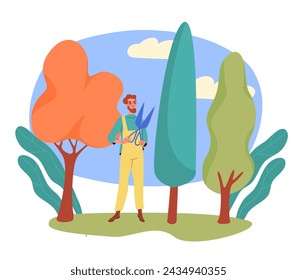 El hombre corta árboles con poda. Jardinería y horticultura. Joven de uniforme en el jardín en el patio trasero. Agricultura y ganadería, botánica. Ilustración plana del vector de la historieta aislada sobre fondo blanco