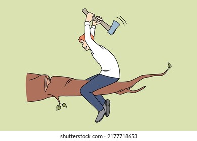 Man cutting branch on which he is sitting. Unreasonable deed and risky business affair. Vector illustration. 