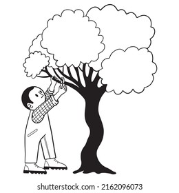 Man cutting branches with a gardening scissors. Isolate vector drawing in cartoon style.