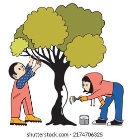 Hombre cortando ramas con tijeras de jardinera y linda chica en una capucha con cesta y un tronco de árbol de pincel. Dibujo vectorial aislado al estilo de las caricaturas.