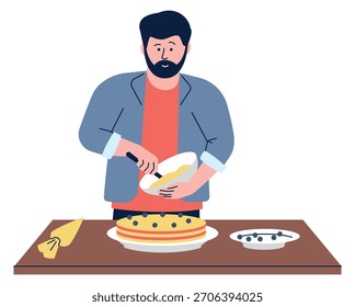 A man is cutting a cake on a table