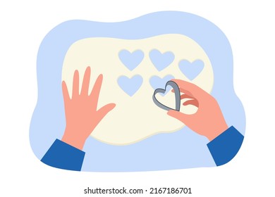 Man cutting cookies out of dough flat vector illustration. Person preparing biscuits using heart shaped cutter. Bakery, homemade food concept for banner, website design or landing web page