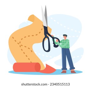 Man cutting fabric. Man holding huge scissors and cutting fabric. Workplace of tailor concept. Seamstress work concept. Flat vector illustration in cartoon style