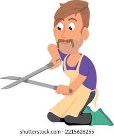 Man cutting with gardener scissors. Cartoon farmer character