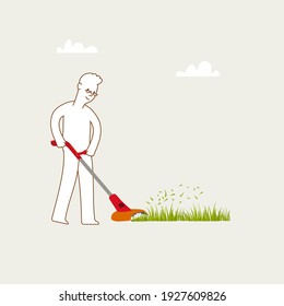 Hombre cortando hierba con cortador de pasto portátil. ilustración conceptual para hobby, jubilación. Diseño mínimo.