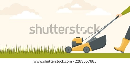 Man cutting grass with lawn mover. Gardener with a mowing machine, copy space. Flat vector illustration 商業照片 © 