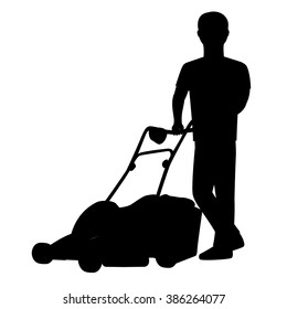 Man cutting the grass with lawn mower . Vector silhouette graphic depicting a boy doing yard-work