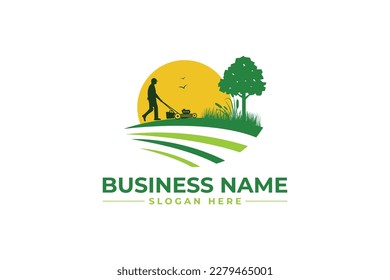  man cutting grass logo. lawn mower logo. lawn care, grass trimming, landscape, grass, agriculture concept logo design