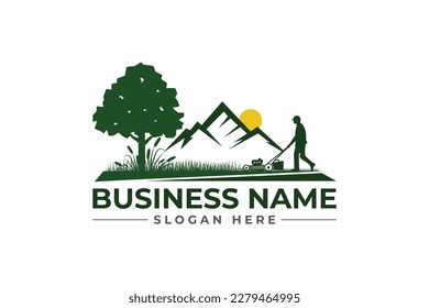 man cutting grass logo with mountain. lawn care, grass trimming, landscape, grass, agriculture concept logo design