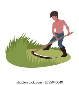 Man cutting grass with scythe isolated illustration