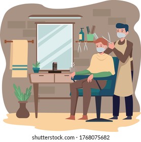 A Man Cutting His Hair At Barber Shop While Keep Using Medical Mask