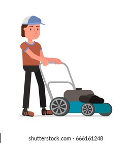 A man is cutting a lawn. Vector illustration. Flat design. Isolated on a white background.